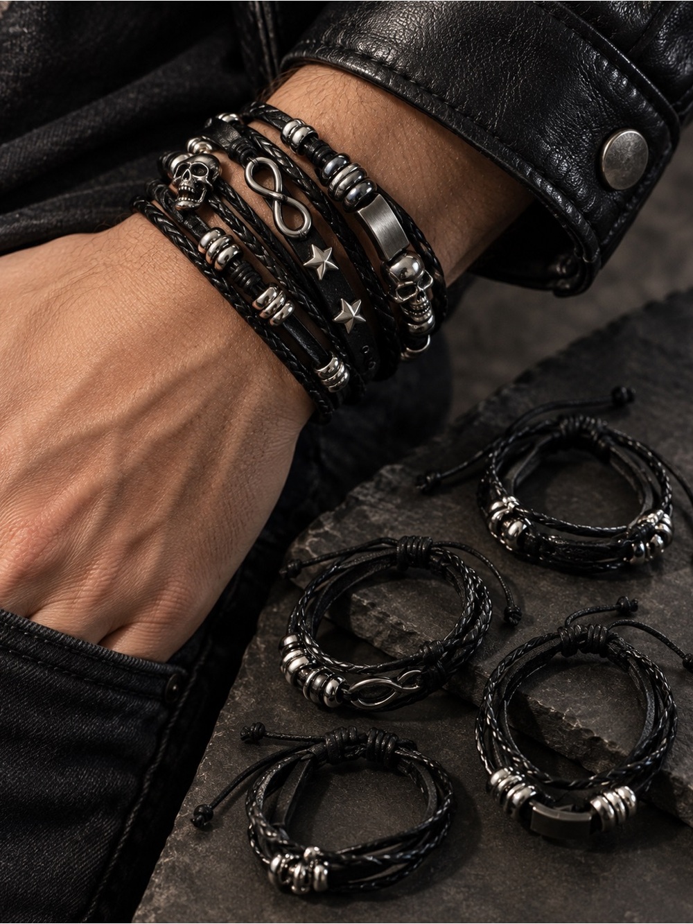 9 Pc Mens Black Braided Bracelet Lot Skull Biker Goth Punk Metal Accent